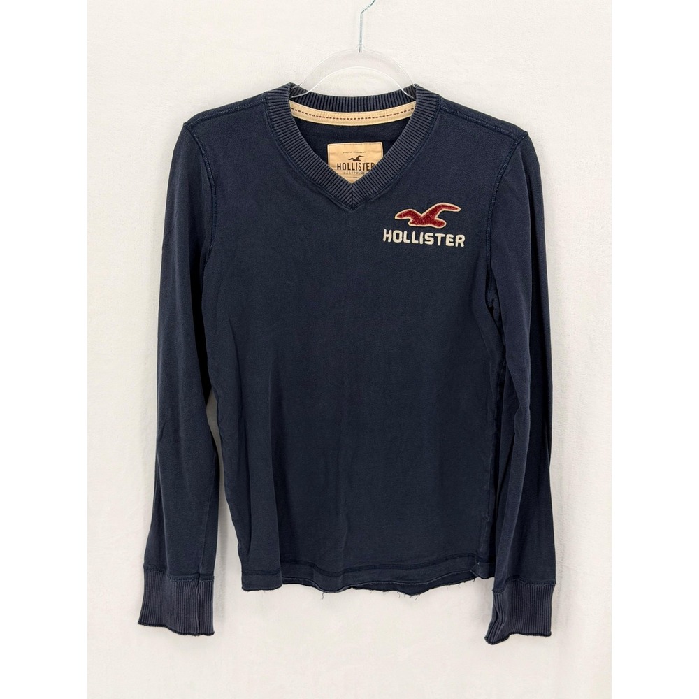 Hollister Shirt Mens Small Navy Blue V-Neck Long Sleeve Logo Y2K 100% Cotton